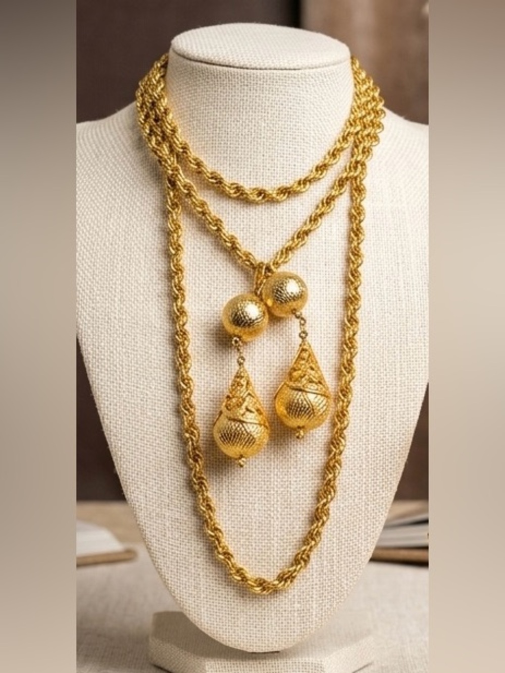 Vintage KJL Gold Rope Lariat Statement Necklace with Ornate Drops